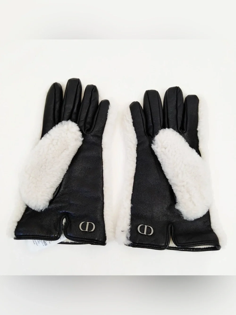 Authentic Dior White Sherpa Curly Fur Gloves with Black Leather Palms Size L